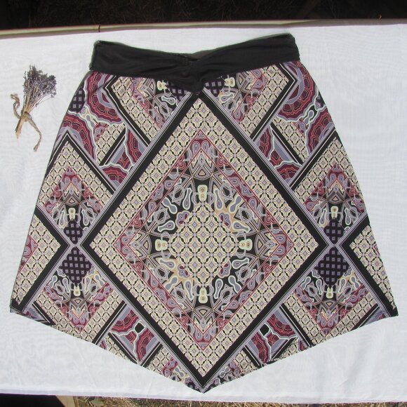 New Handcrafted Purple Black Graphic Midi Skirt Sz S Upcycled Boho Hippie - Picture 1 of 5